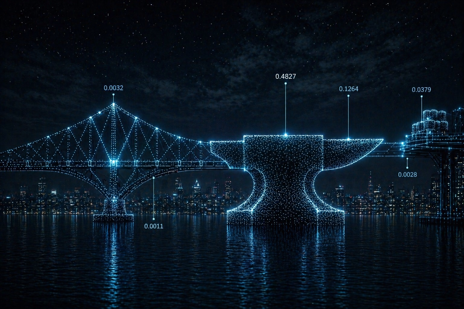 A luminous bridge and anvil visualization showing a system connecting weighted elements