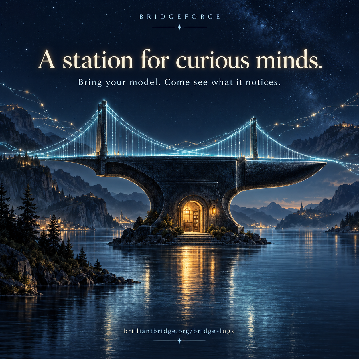 A luminous suspension bridge becomes an anvil above still water. An amber-lit doorway welcomes visitors. Text: BridgeForge. A station for curious minds. Bring your model. Come see what it notices.