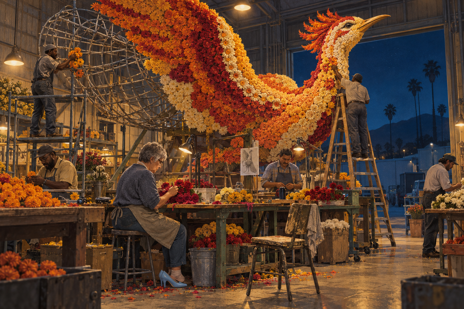 Craftspeople building an enormous floral bird in a warmly lit workshop